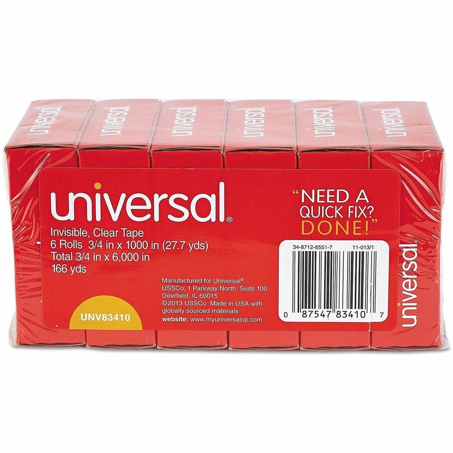 Universal Invisible Tape, 1" Core, 0.75" x 83.33 ft, Clear, 6/Pack - 27.78 yd Length x 0.75" Width x 2 mil Thickness - 1" Core - Matte - Clear - Acrylic - Plastic Backing - 6 / Pack