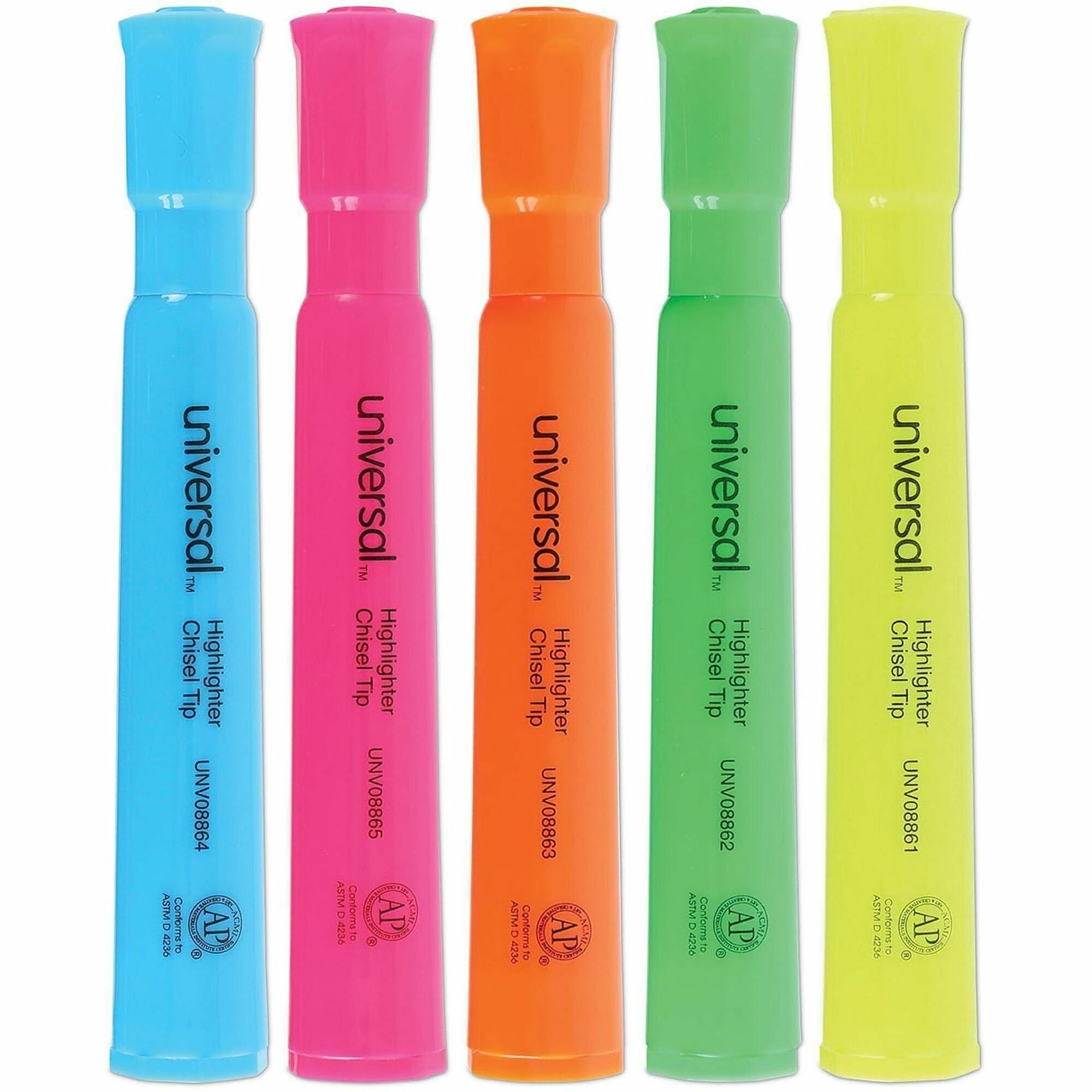 Universal Highlighter - Chisel, Broad, Narrow Marker Point - Fluorescent Blue, Fluorescent Green, Fluorescent Pink, Fluorescent Orange, Fluorescent Yellow Ink - Blue Round, Green, Orange, Pink, Yellow Barrel - 5 / Set
