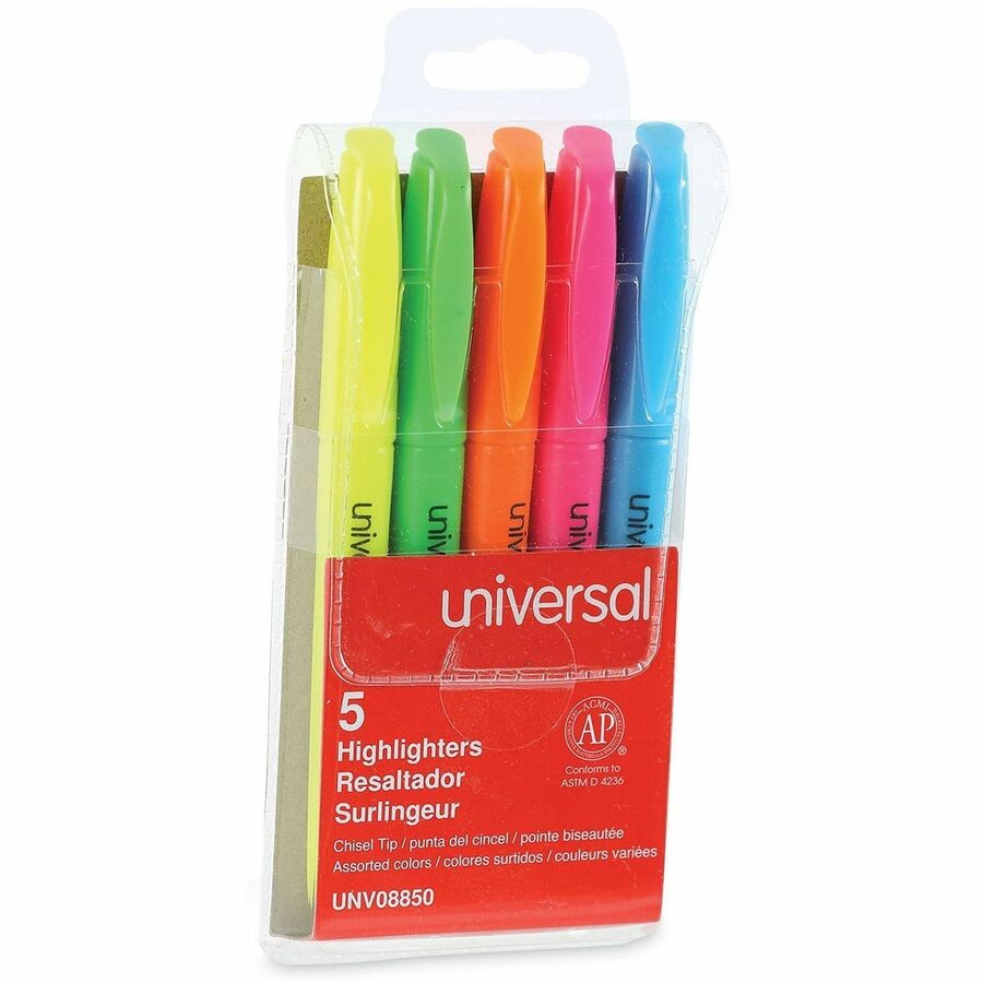 Universal Highlighter - Chisel, Broad, Narrow Marker Point - Fluorescent Blue, Fluorescent Green, Fluorescent Orange, Fluorescent Pink, Fluorescent Yellow Ink - Blue, Green, Orange, Pink, Yellow Barrel - 5 / Set