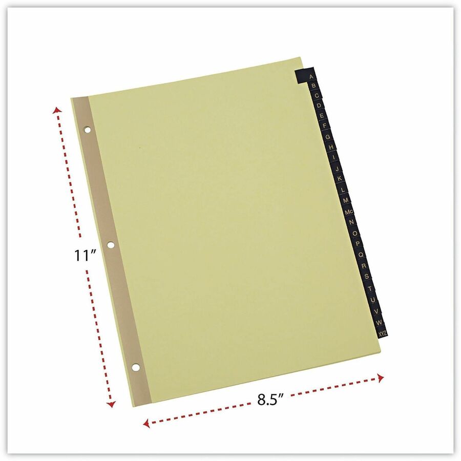 Universal Index Divider - 25 Printed Side Tab(s) - Character - A-Z - 8.5" Divider Width x 11" Divider Length - Letter - 3 Hole Punched - Buff Paper Divider - Black Simulated Leather Tab(s) - Punched, Mylar Reinforced Edge, Single Gold Reinforcement, Pr...