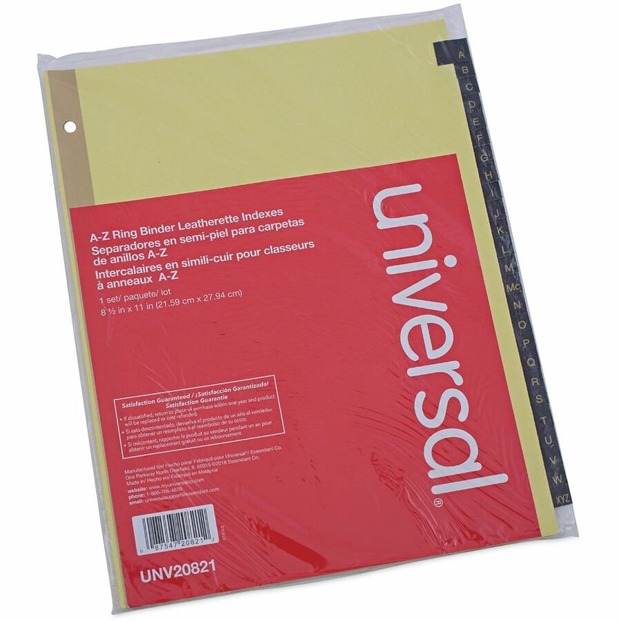 Universal Index Divider - 25 Printed Side Tab(s) - Character - A-Z - 8.5" Divider Width x 11" Divider Length - Letter - 3 Hole Punched - Buff Paper Divider - Black Simulated Leather Tab(s) - Punched, Mylar Reinforced Edge, Single Gold Reinforcement, Pr...