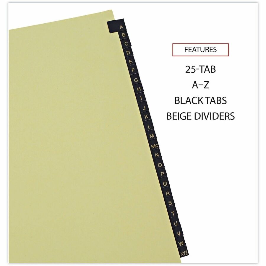 Universal Index Divider - 25 Printed Side Tab(s) - Character - A-Z - 8.5" Divider Width x 11" Divider Length - Letter - 3 Hole Punched - Buff Paper Divider - Black Simulated Leather Tab(s) - Punched, Mylar Reinforced Edge, Single Gold Reinforcement, Pr...