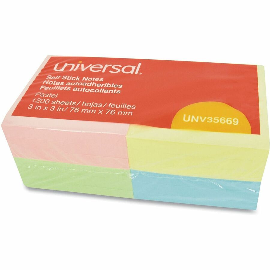 Universal Standard Self-Stick Pads - 1200 x Assorted Pastel - 3" Flag/Note Width x 3" Flag/Note Length - Square - 100 Sheets per Pad - Unruled - Assorted Pastel - Self-stick, Residue-free, Repositionable - 12 / Pack