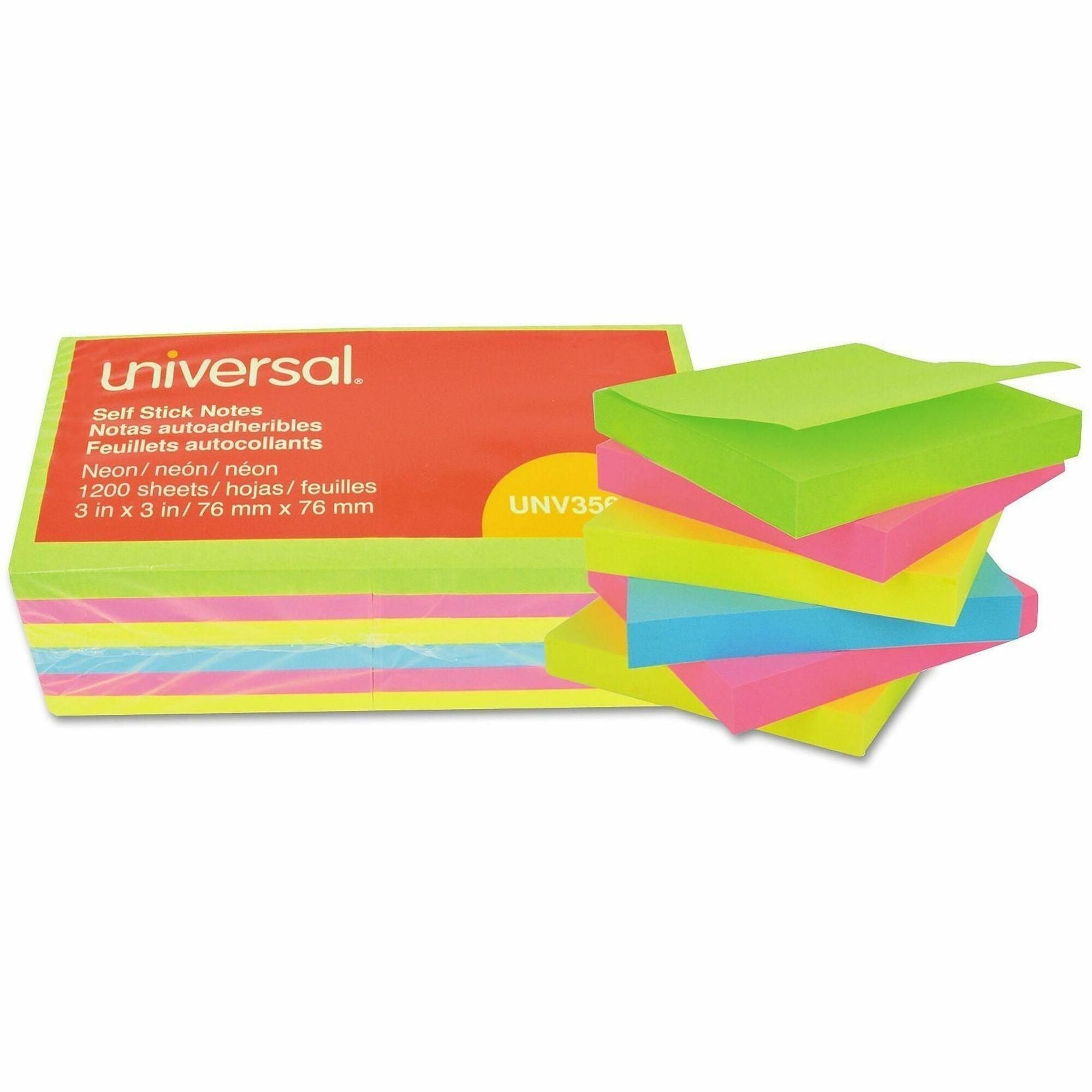 Universal Standard Self-Stick Pads - 1200 x Neon Assorted - 3" Flag/Note Width x 3" Flag/Note Length - Square - 100 Sheets per Pad - Unruled - Neon Pink, Neon Yellow, Electric Blue, Neon Green - Self-stick, Residue-free - 12 Pads/Pack - 1 Pack