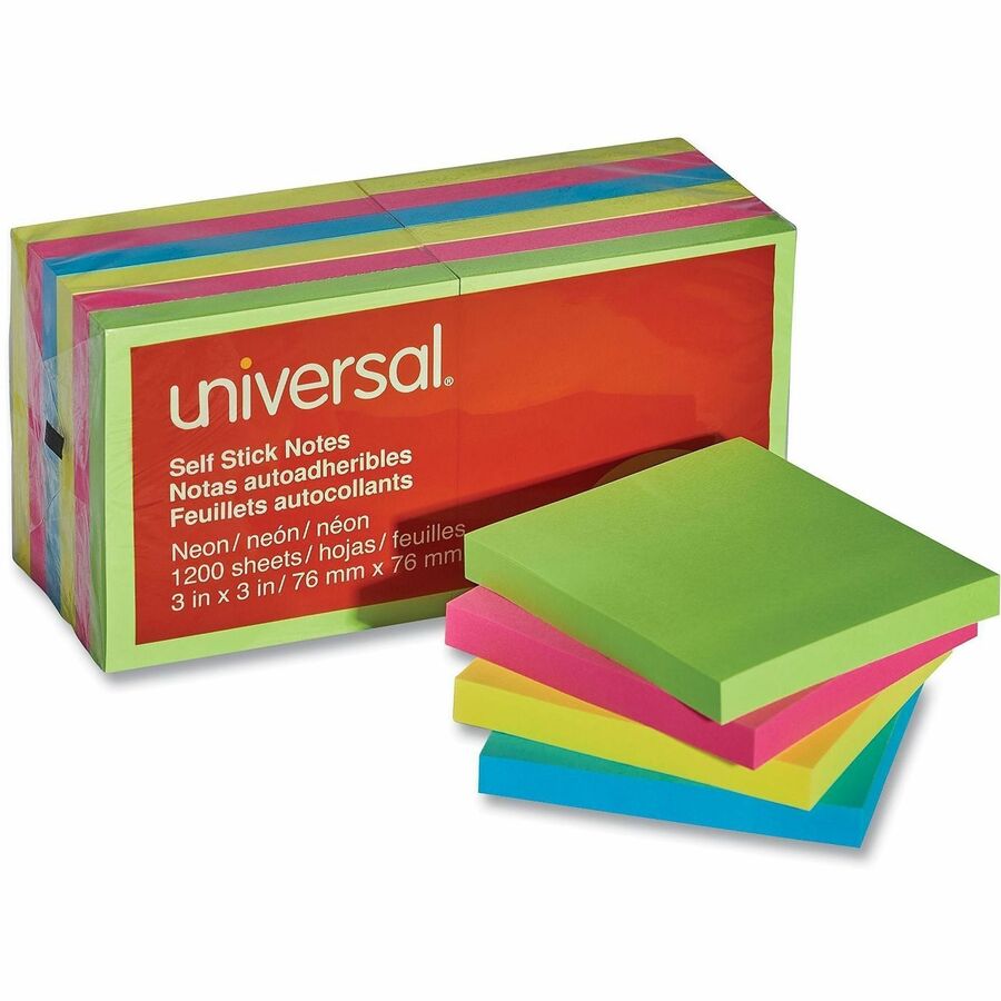 Universal Standard Self-Stick Pads - 1200 x Neon Assorted - 3" Flag/Note Width x 3" Flag/Note Length - Square - 100 Sheets per Pad - Unruled - Neon Pink, Neon Yellow, Electric Blue, Neon Green - Self-stick, Residue-free - 12 Pads/Pack - 1 Pack