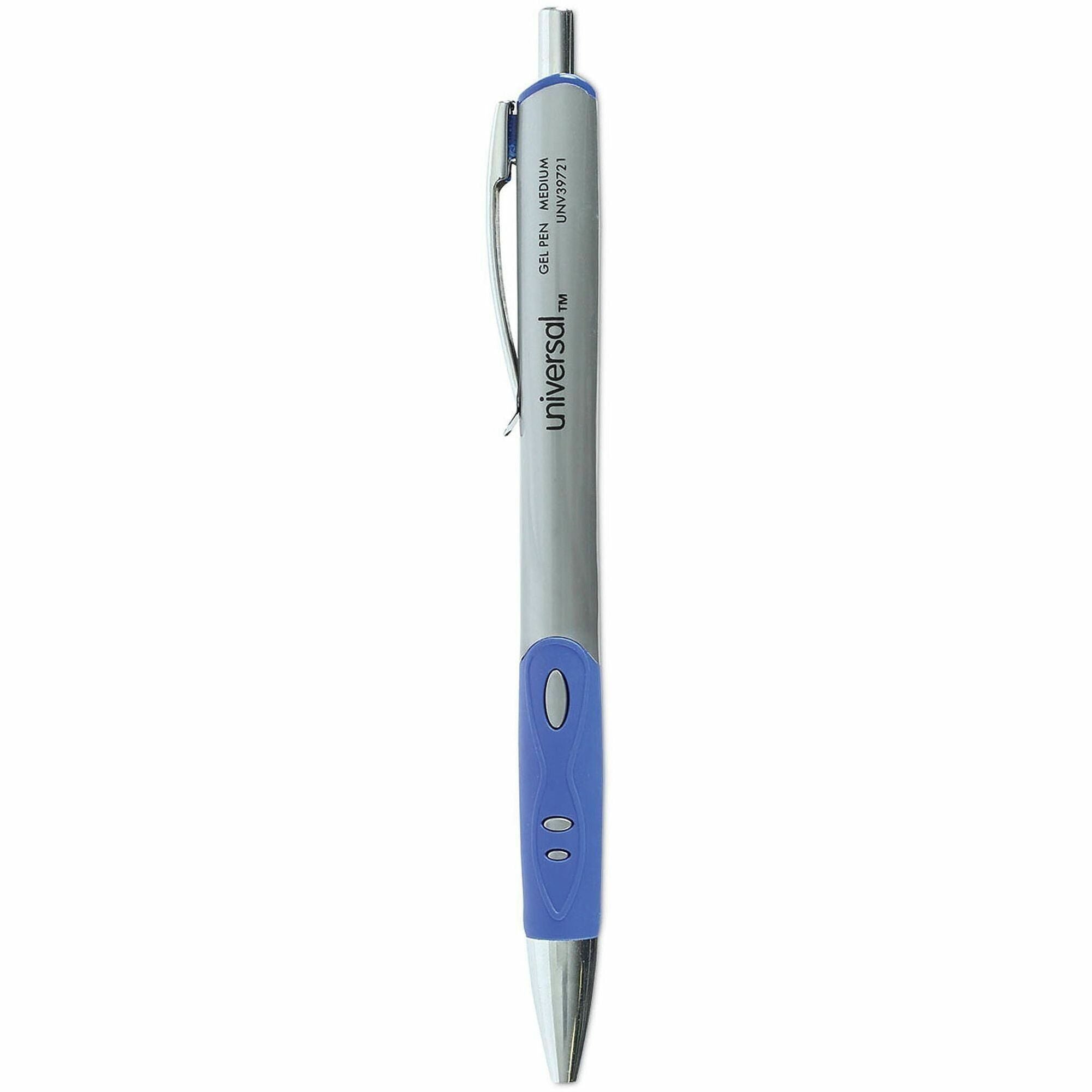Universal Comfort Grip Gel Pen - 0.7 mm Medium Conical Pen Point - Retractable - Blue Ink - Water Based - Gray, Blue, Silver Barrel - 1 Dozen