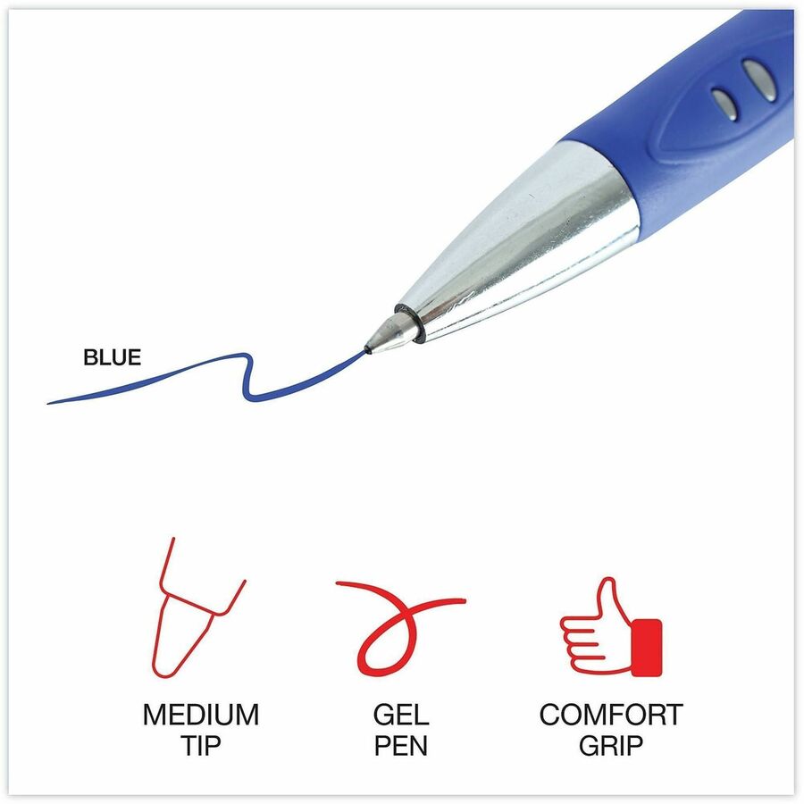Universal Comfort Grip Gel Pen - 0.7 mm Medium Conical Pen Point - Retractable - Blue Ink - Water Based - Gray, Blue, Silver Barrel - 1 Dozen