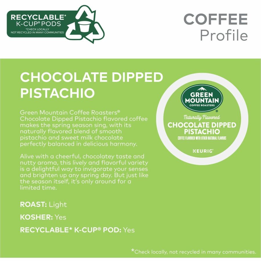 Green Mountain Coffee Roasters® K-Cup, Pod Coffee - Compatible with Keurig Brewer - Smooth - K-Cup, Pod - Chocolate Dipped Pistachio - Kosher - 24 / Box