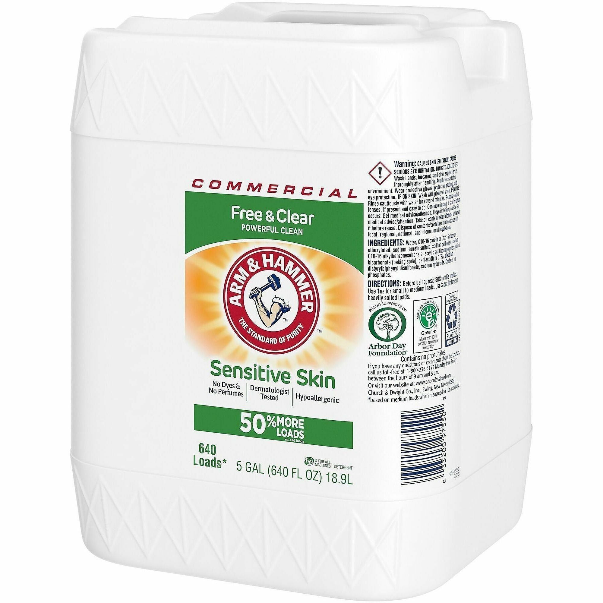 Arm & Hammer Free & Clear Detergent - For Laundry, Clothing - Concentrate - Liquid - 640 fl oz (20 quart) - 640 Loads - Recommended For: Stain Remover, Dirt Remover, Odor Remover, Soil Remover - Hypoallergenic, Fragrance-free, Dye-free - Clear - 1 Carton