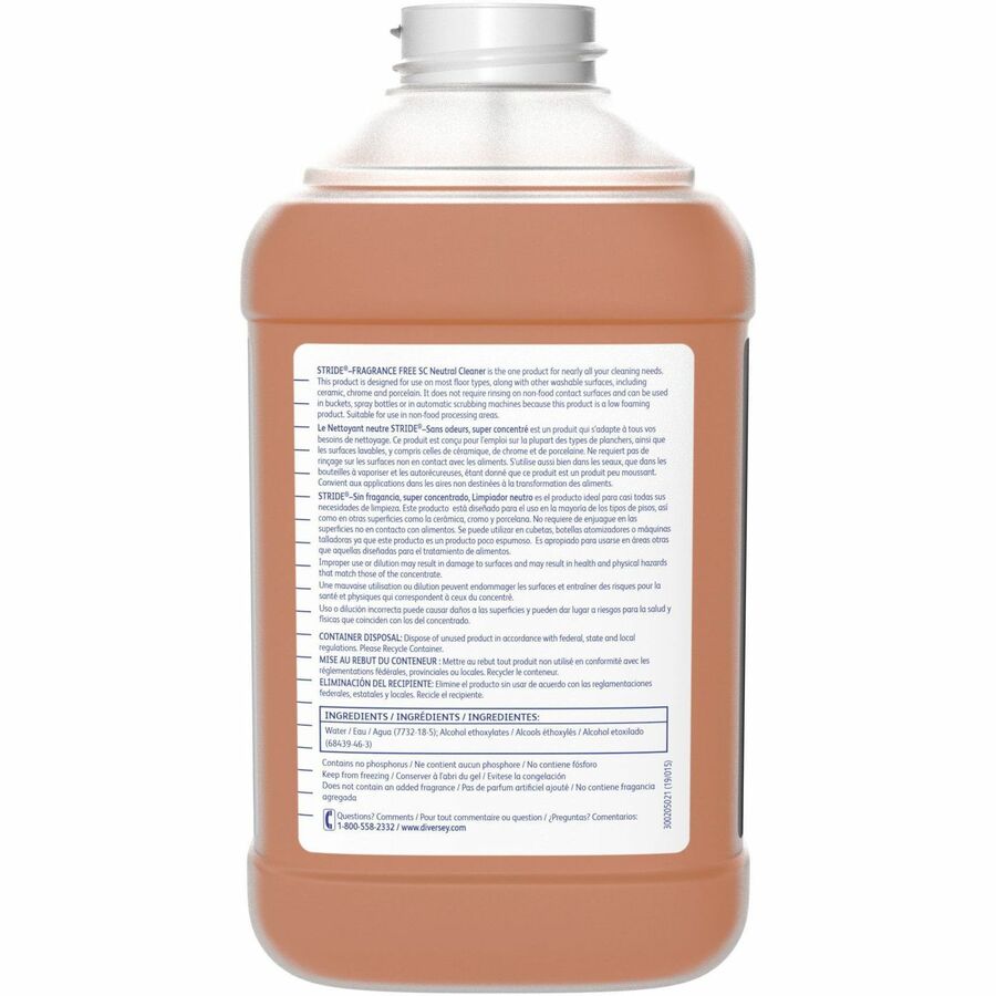 Diversey Stride Fragrance Free Neutral Cleaner - For Multipurpose, Multi Surface - Liquid - 84.5 fl oz (2.6 quart) - Fragrance-free, Low Foaming, Odorless - Orange - 2 / Pack