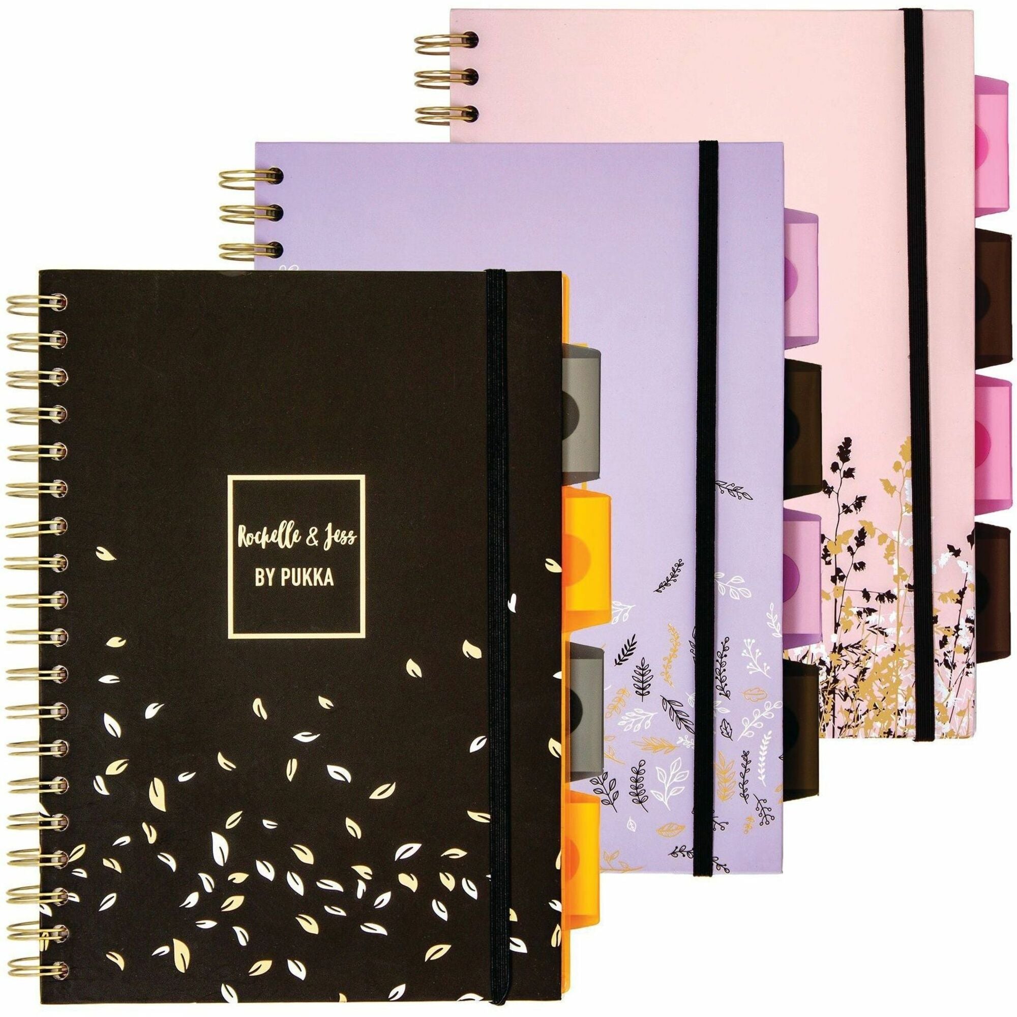 Pukka Pads Rochelle & Jess Notebook - 200 Pages - Twin Wirebound - 80 g/m² Grammage - 1.30" Height x 7.9" Width x 9.8" Depth - Gold Binding - Pink, Lilac, Black Cover - Elastic Closure, Repositionable Divider, Hard Cover, Micro Perforated, Recycla...