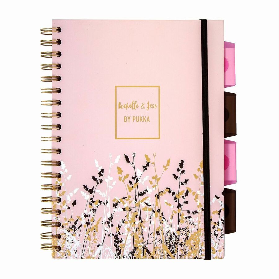 Pukka Pads Rochelle & Jess Notebook - 200 Pages - Twin Wirebound - 80 g/m² Grammage - 1.30" Height x 7.9" Width x 9.8" Depth - Gold Binding - Pink, Lilac, Black Cover - Elastic Closure, Repositionable Divider, Hard Cover, Micro Perforated, Recycla...