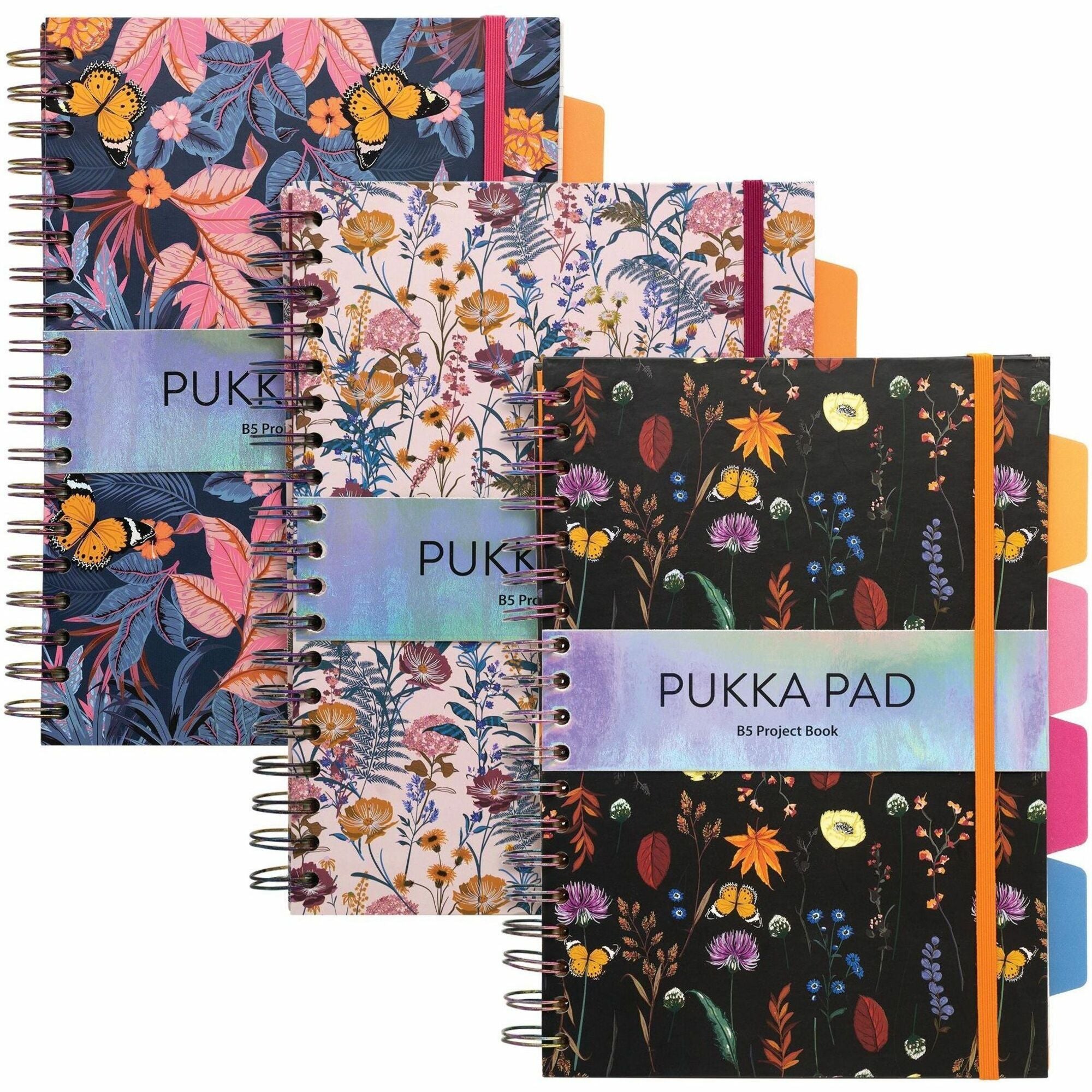 Pukka Pads Bloom B5 Hardcover Project Book - Assorted Pack Of 3 - 200 Pages - Printed - Twin Wirebound - Both Side Ruling Surface - Ruled Front Ruling - 0.31" Ruled - 80 g/m² Grammage - B5 - 6 29/32" x 9 4/5" Sheet Size - 2.25" Height x 8.8" Width...
