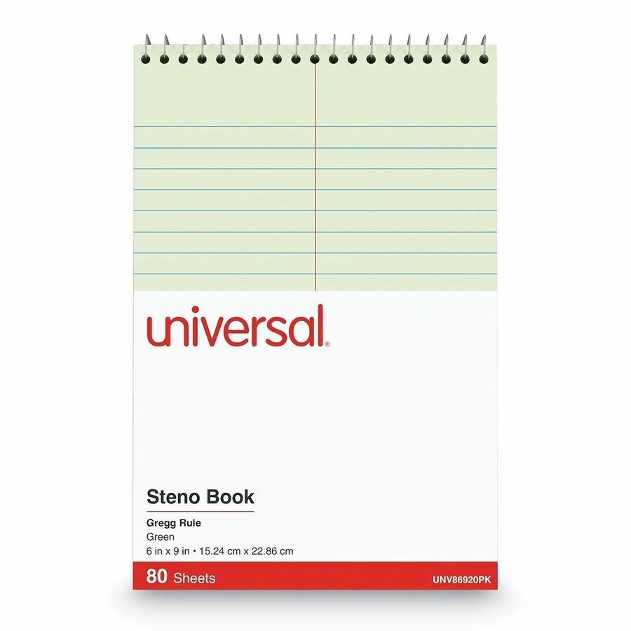 Universal Steno Pads, Gregg Rule, Red Cover, 80 Green-Tint 6 x 9 Sheets, 6/Pack - 1 Subject(s) - 80 Sheets - Spiral - Square Front Ruling - Gregg Ruled Red Margin - 6" x 9" Sheet Size - Red Chipboard Cover - 6 / Pack