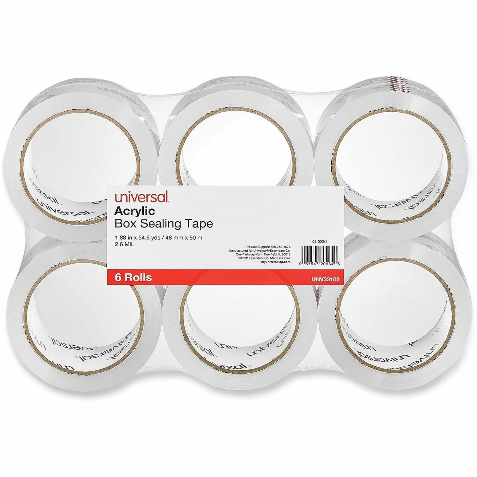 Universal Moving and Storage Packing Tape, 3" Core, 1.88" x 54.6 yd, Clear, 6/Pack - 54.60 yd Length x 1.88" Width x 2.6 mil Thickness - 3" Core - Clear - Acrylic - 6 / Pack