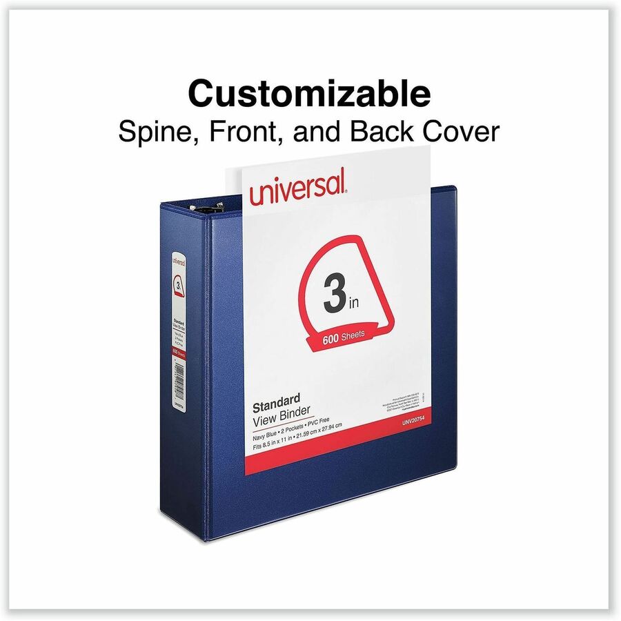 Universal Slant D-Ring View Binder, 3 Rings, 3" Capacity, 11 x 8.5, Navy Blue - 3" Binder Capacity - Letter - 8 1/2" x 11" Sheet Size - 600 Sheet Capacity - 3 Ring(s) - Fastener(s): Ring - Pocket(s): 2, Inside Front & Back - Polypropylene - Navy Blue -...