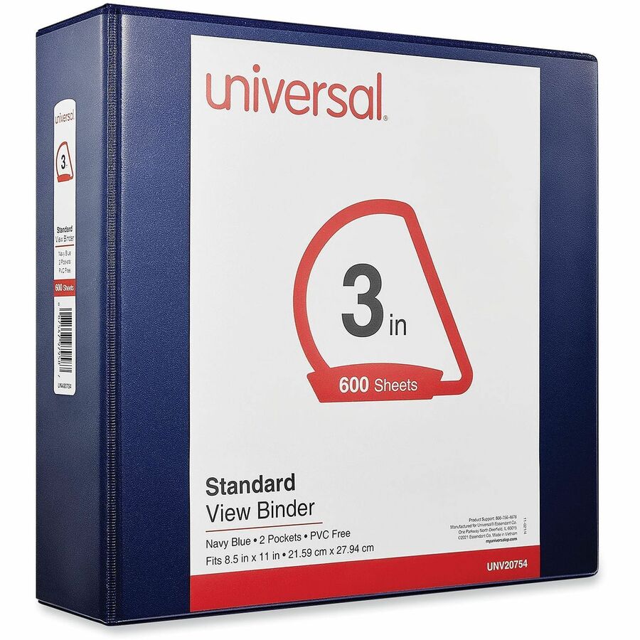 Universal Slant D-Ring View Binder, 3 Rings, 3" Capacity, 11 x 8.5, Navy Blue - 3" Binder Capacity - Letter - 8 1/2" x 11" Sheet Size - 600 Sheet Capacity - 3 Ring(s) - Fastener(s): Ring - Pocket(s): 2, Inside Front & Back - Polypropylene - Navy Blue -...