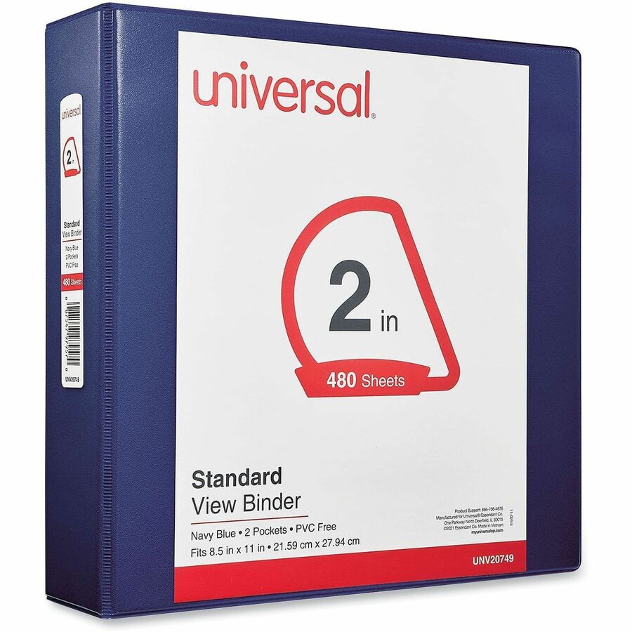 Universal Slant D-Ring View Binder, 3 Rings, 2" Capacity, 11 x 8.5, Navy Blue - 2" Binder Capacity - Letter - 8 1/2" x 11" Sheet Size - 480 Sheet Capacity - 3 Ring(s) - Fastener(s): Ring - Pocket(s): 2, Inside Front & Back - Polypropylene - Navy Blue -...