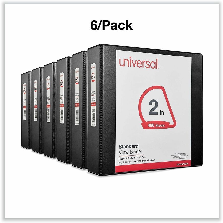 Universal Slant D-Ring View Binder, 3 Rings, 2" Capacity, 11 x 8.5, Black, 6/Carton - 2" Binder Capacity - Letter - 8 1/2" x 11" Sheet Size - 480 Sheet Capacity - 3 Ring(s) - Fastener(s): Ring - Pocket(s): 2, Inside Front & Back - Polypropylene - Black...