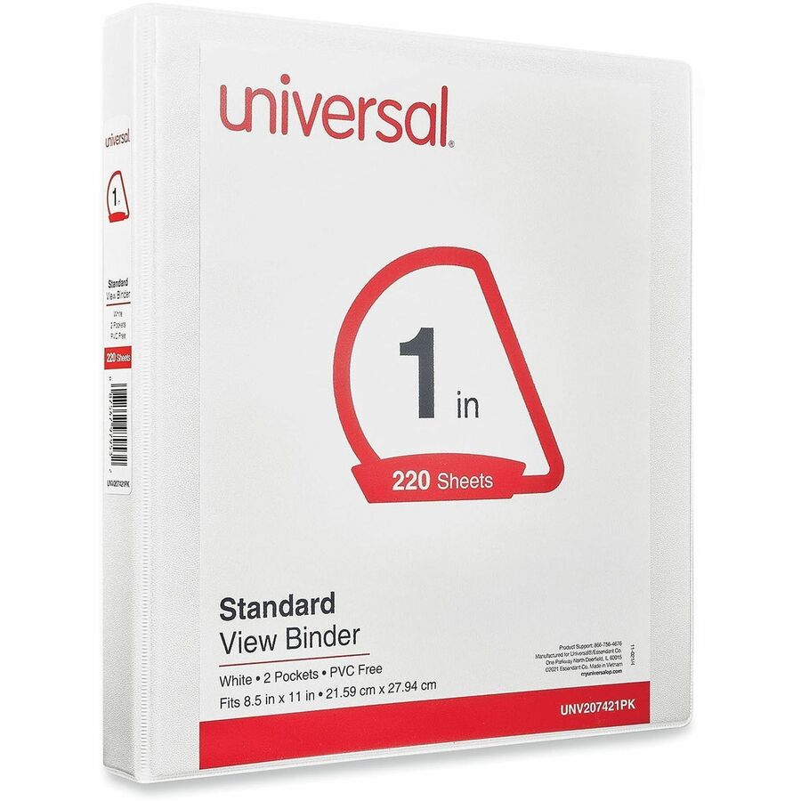 Universal Slant D-Ring View Binder, 3 Rings, 1" Capacity, 11 x 8.5, White, 12/Carton - 1" Binder Capacity - Letter - 8 1/2" x 11" Sheet Size - 220 Sheet Capacity - 3 Ring(s) - Fastener(s): Ring - Pocket(s): 2, Inside Front & Back - Polypropylene - Whit...