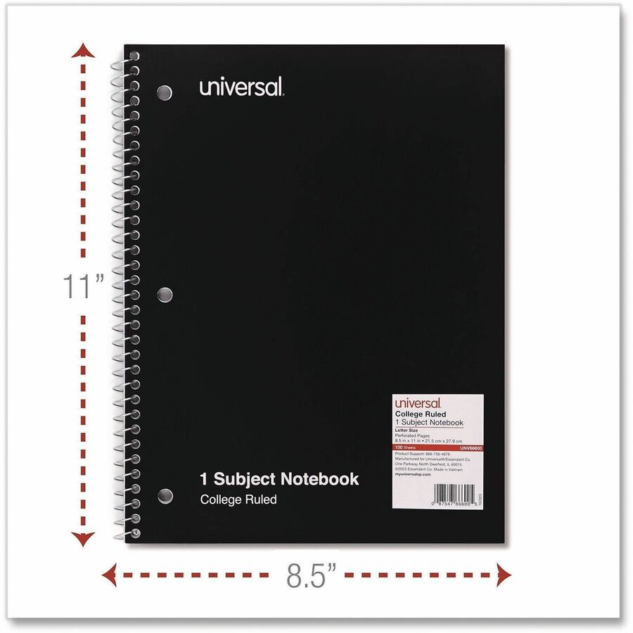 Universal Notebook - 1 Subject(s) - 100 Sheets - Spiral - College Ruled, Medium Ruled Front Ruling - Letter - 11" x 8 1/2" Sheet Size - Black Paperboard Cover