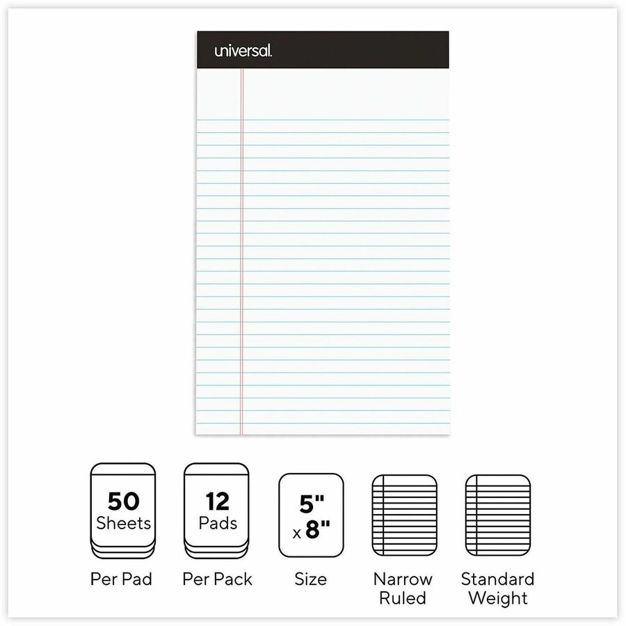 Universal Notepad - 1 Subject(s) - Tape Bound - Narrow Ruled Margin - 5" x 8" Sheet Size x 8" Length - White Paper - Chipboard Cover - 12 / Pack