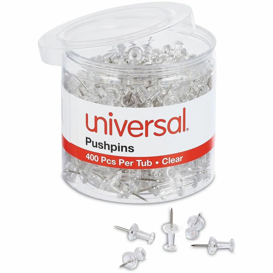 Universal Clear Push Pins, Plastic, Clear, 0.38" , 400/Pack - 0.38" Shank - 0.25" Head - Clear - Plastic, Steel - 400 / Pack