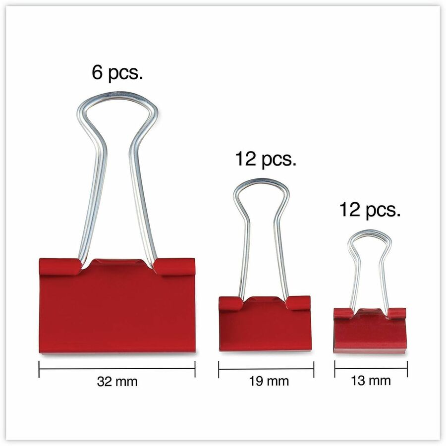 Universal Binder Clip - Assorted Sizes - 0.25" , 0.38" , 0.63" Size Capacity - Assorted, Blue, Green, Red, Gold, White - Metal, Steel Wire - 30 / Pack