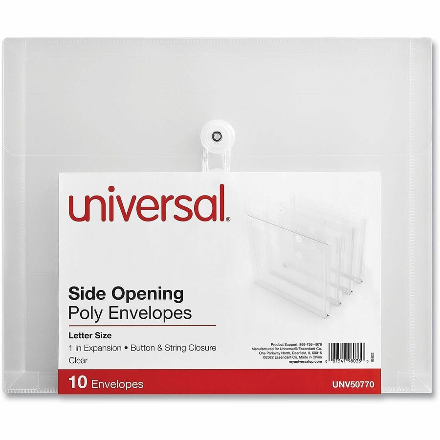 Universal Side Opening Poly Envelopes, 1" Expansion, Letter Size, Clear, 10/Pack - File - Letter - 9 49/64" Width x 11 47/64" Length - String/Button - Clear - Plastic, Polypropylene - 10 / Pack