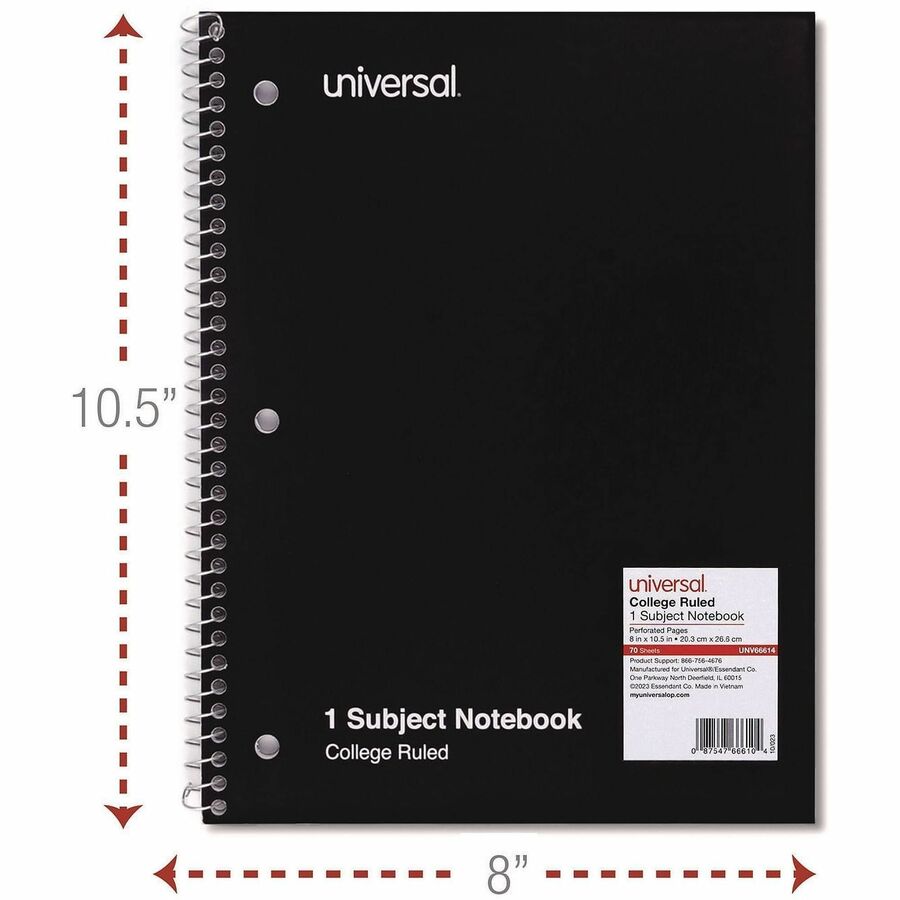 Universal Notebook - 1 Subject(s) - 70 Sheets - Spiral - College Ruled, Medium Ruled Front Ruling - 10 1/2" x 8" Sheet Size - White Paper - Assorted Paperboard Cover - 4 / Pack