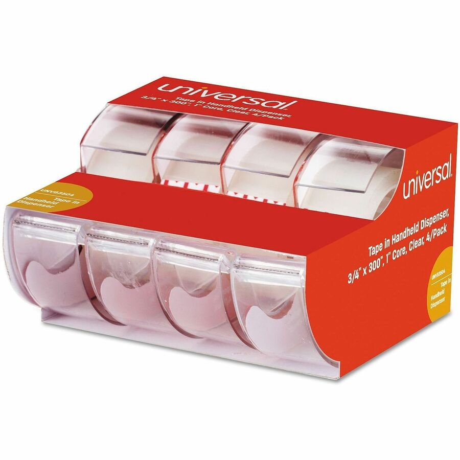 Universal Invisible Tape with Handheld Dispenser, 1" Core, 0.75" x 25 ft, Clear, 4/Pack - 25 ft Length x 0.75" Width x 2 mil Thickness - 1" Core - Matte - Clear - Acrylic - Plastic Backing - 4 / Pack