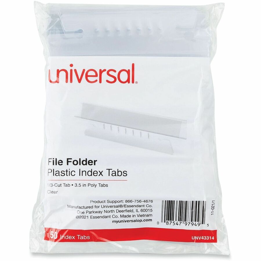 Universal Hanging File Folder Plastic Index Tabs, 1/3-Cut, Clear, 3.7" Wide, 50/Pack - Blank Tab(s) - 1/3 - 1.10" Tab Height x 3.70" Tab Width - Clear Plastic Tab(s) - Translucent, Sturdy, Durable, Moisture Resistant - 50 / Pack