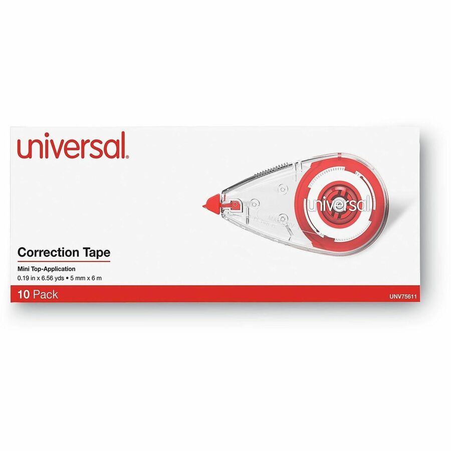 Universal Correction Tape - 0.25" Tape Width x 22.92 ft Tape Length - 1 Line(s) - White Tape - Clear, Red Dispenser - Comfortable, Non-refillable, Film-based, Easy to Use - Clear, Red - Plastic, Film - 10 / Pack