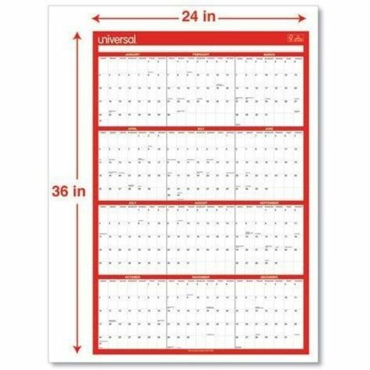Universal Erasable Wall Calendar, 24 x 36, White/Red Sheets, 12-Month (Jan to Dec): 2026 - Monthly - 12 Month - January 2026 to December 2026 - White/Red Sheet - Wall Mount - Erasable, Write on/Wipe off, Double-sided, Planing Calendar, Printed, Monthly...