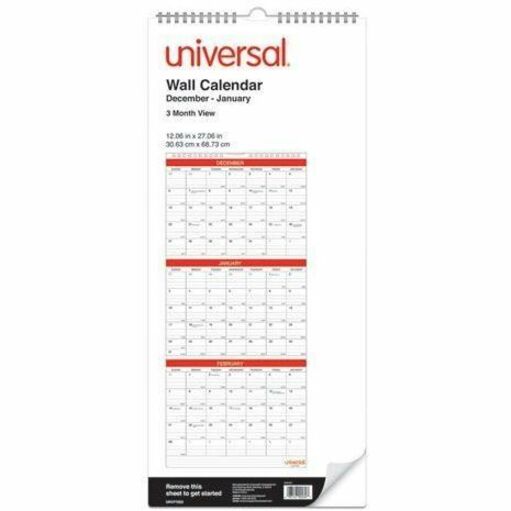 Universal Calendar - Julian Dates - Quarterly - 14 Month - December 2025 to January 2027 - 3 Month Single Page Layout - 12" x 27" Sheet Size - White/Red Sheet - Wire-O - Wall Mount - Three Month Calendar, To-do List, Ruled Daily Block, Printed, Planing...