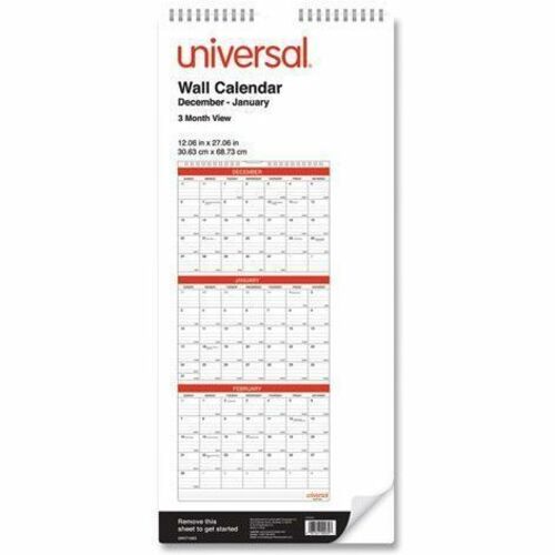 Universal Calendar - Julian Dates - Quarterly - 14 Month - December 2025 to January 2027 - 3 Month Single Page Layout - 12" x 27" Sheet Size - White/Red Sheet - Wire-O - Wall Mount - Three Month Calendar, To-do List, Ruled Daily Block, Printed, Planing...