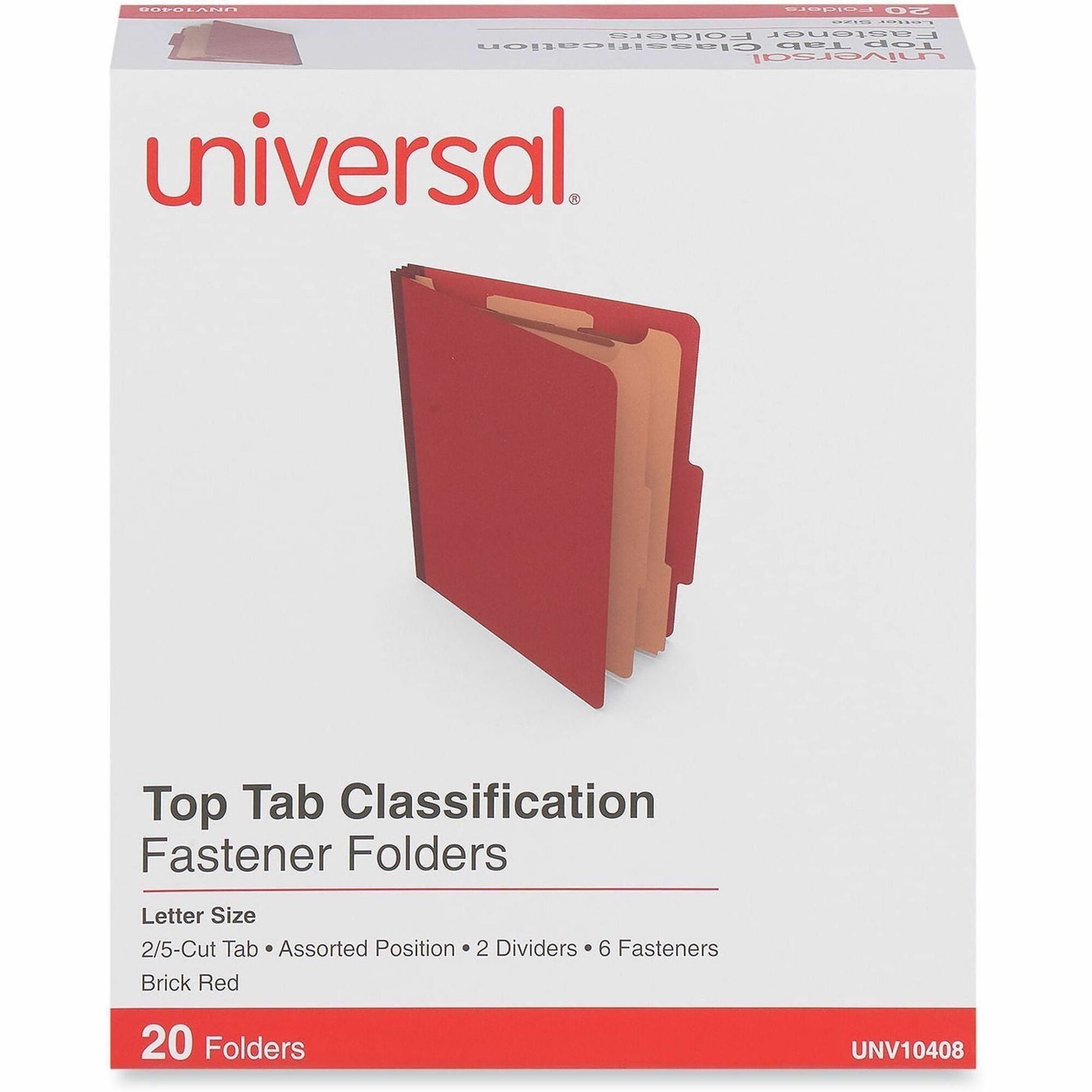 Universal 2/5 Tab Cut Letter Classification Folder - 8 1/2" x 11" - 2 1/2" Expansion - 6 Fastener(s) - 2" Fastener Capacity - Top Tab Location - Assorted Tab Position - 2 Divider(s) - Brick Red - 20 Box