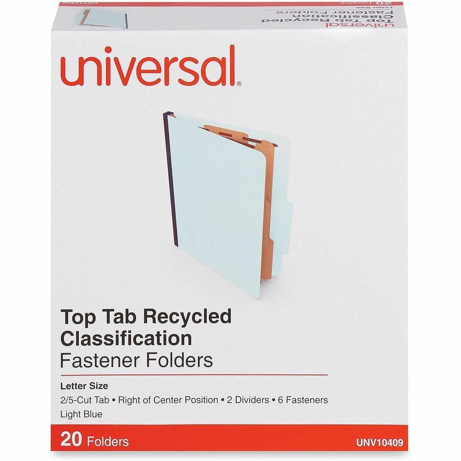Universal 2/5 Tab Cut Letter Classification Folder - 8 1/2" x 11" - 2 1/2" Expansion - 6 Fastener(s) - 2" Fastener Capacity - Top Tab Location - Right of Center Tab Position - 2 Divider(s) - Light Blue - 20 Box