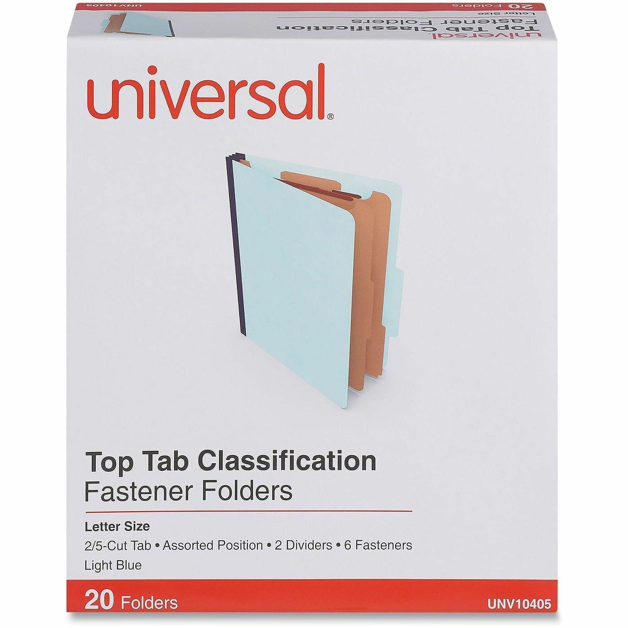 Universal 2/5 Tab Cut Letter Classification Folder - 8 1/2" x 11" - 2 1/2" Expansion - 6 Fastener(s) - 2" Fastener Capacity - Top Tab Location - Assorted Tab Position - 2 Divider(s) - Light Blue - 20 Box