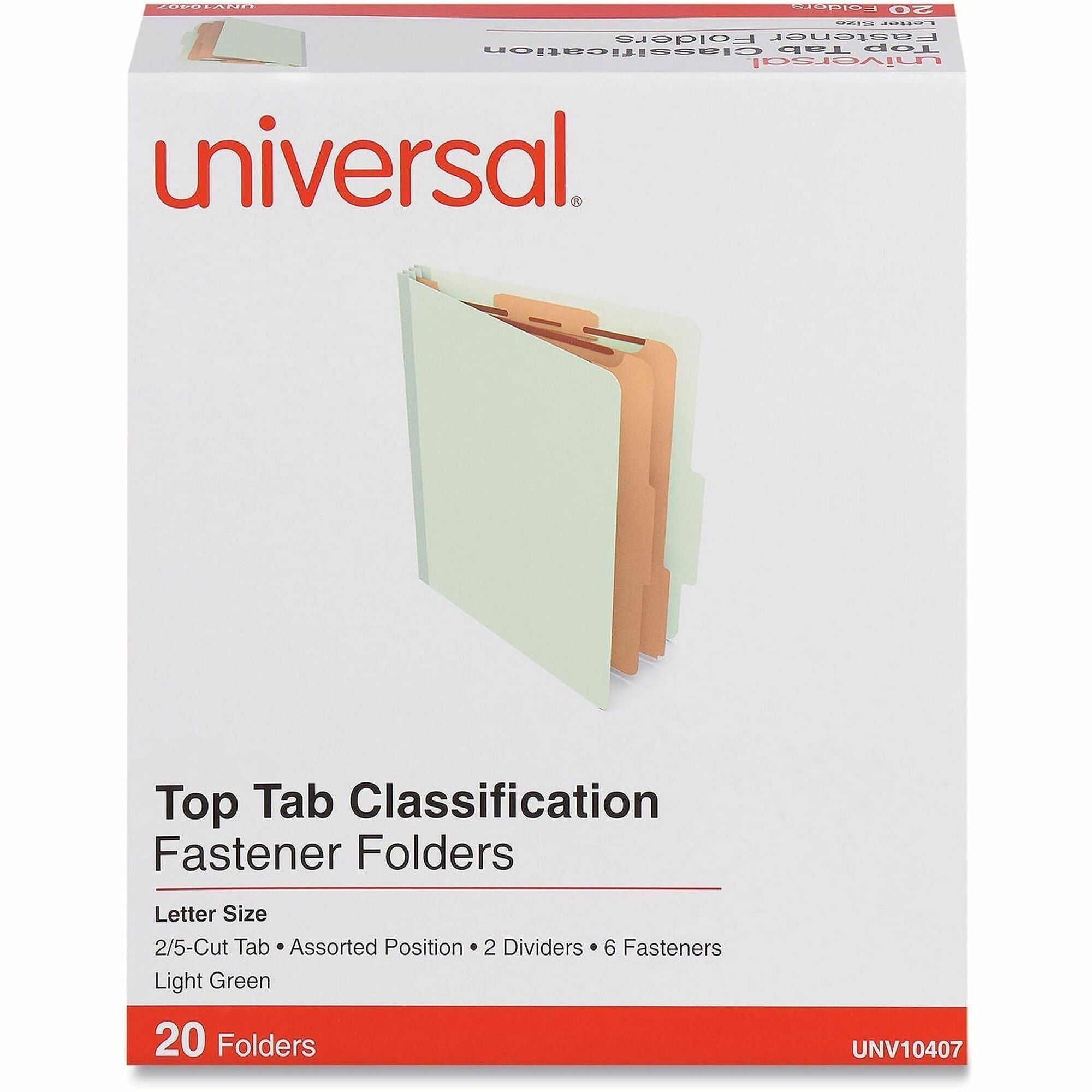 Universal 2/5 Tab Cut Letter Classification Folder - 8 1/2" x 11" - 2 1/2" Expansion - 6 Fastener(s) - 2" Fastener Capacity - Top Tab Location - Assorted Tab Position - 2 Divider(s) - Light Green - 20 Box