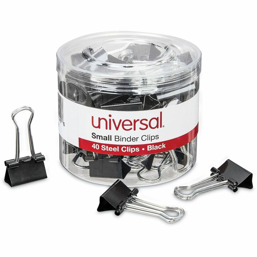 Universal Binder Clips with Storage Tub, Small, Black/Silver, 40/Pack - Small - 0.7" Width - 0.38" Size Capacity - Black, Silver - Metal, Steel Wire - 40 / Pack