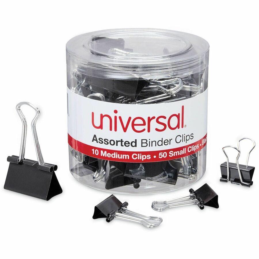 Universal Binder Clip - Assorted Sizes - 0.38" , 0.63" Size Capacity - Black, Silver - Metal, Steel Wire - 60 / Pack