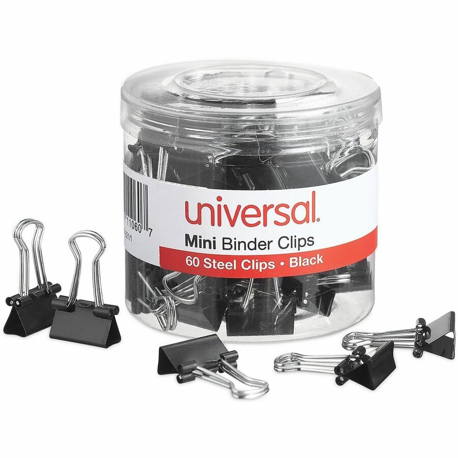 Universal Binder Clips with Storage Tub, Mini, Black/Silver, 60/Pack - Mini - 0.6" Width - 0.25" Size Capacity - Black, Silver - Metal, Steel Wire - 60 / Pack