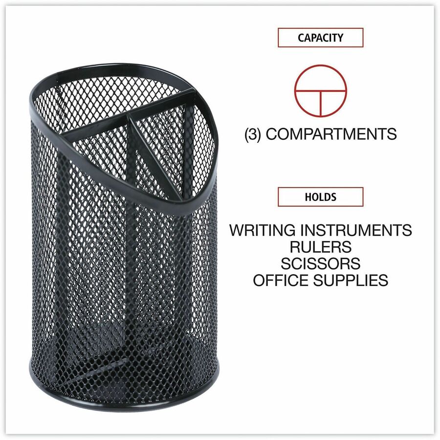 Universal Metal Mesh 3-Compartment Pencil Cup, 4.13" Diameter x 6"h, Black - 3 Compartment(s) - 6" Height - Black - Metal - 1 Each