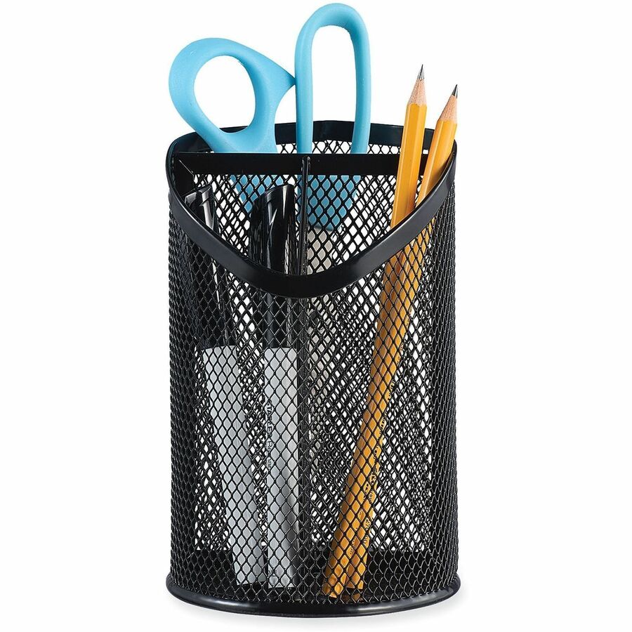 Universal Metal Mesh 3-Compartment Pencil Cup, 4.13" Diameter x 6"h, Black - 3 Compartment(s) - 6" Height - Black - Metal - 1 Each