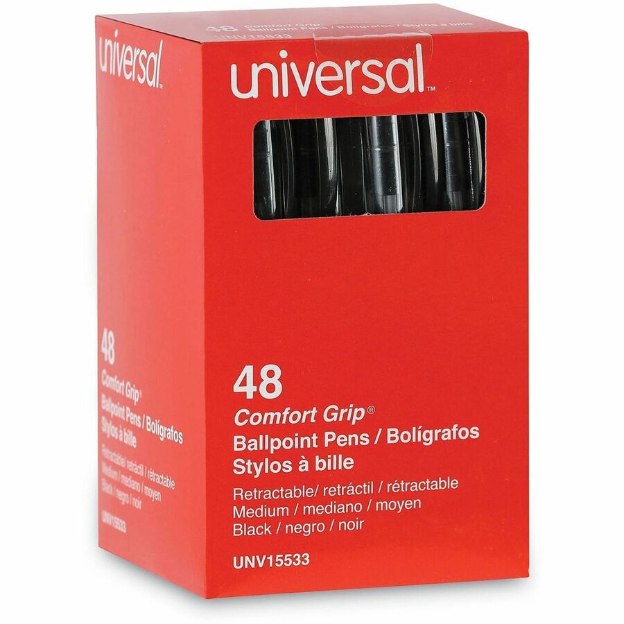 Universal Comfort Grip Ballpoint Pen - 1 mm Medium Conical Pen Point - Retractable - Black Ink - Clear, Black Barrel - 48 / Pack