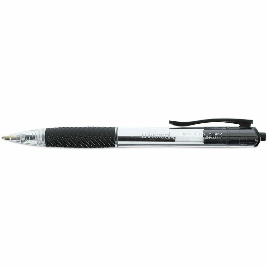 Universal Comfort Grip Ballpoint Pen - 1 mm Medium Conical Pen Point - Retractable - Black Ink - Clear, Black Barrel - 48 / Pack