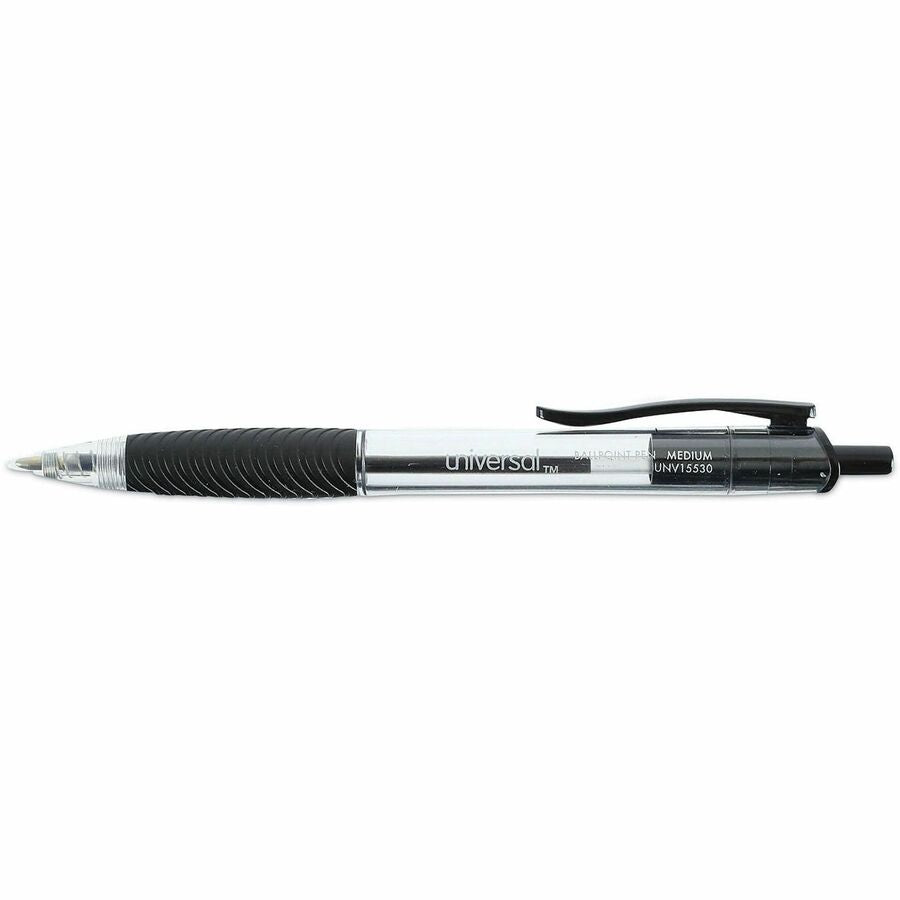 Universal Comfort Grip Ballpoint Pen - 1 mm Medium Conical Pen Point - Retractable - Black Ink - Clear, Black Barrel - 48 / Pack