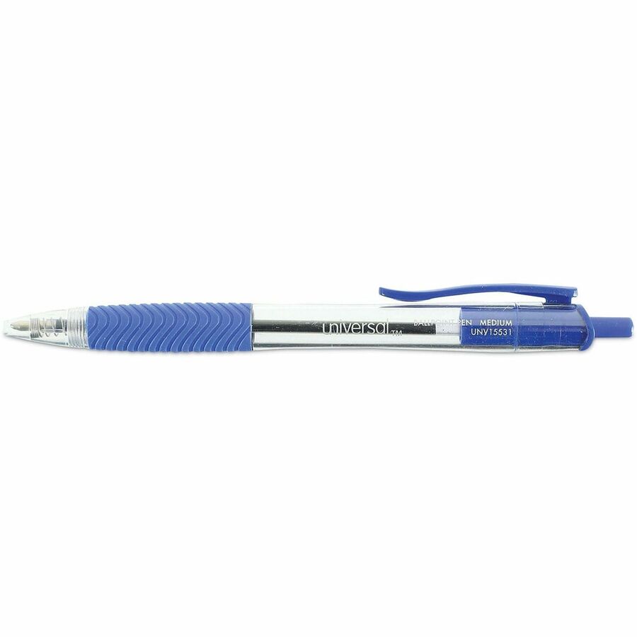 Universal Comfort Grip Ballpoint Pen - 1 mm Medium Conical Pen Point - Retractable - Blue Ink - Clear, Blue Barrel - 1 Dozen