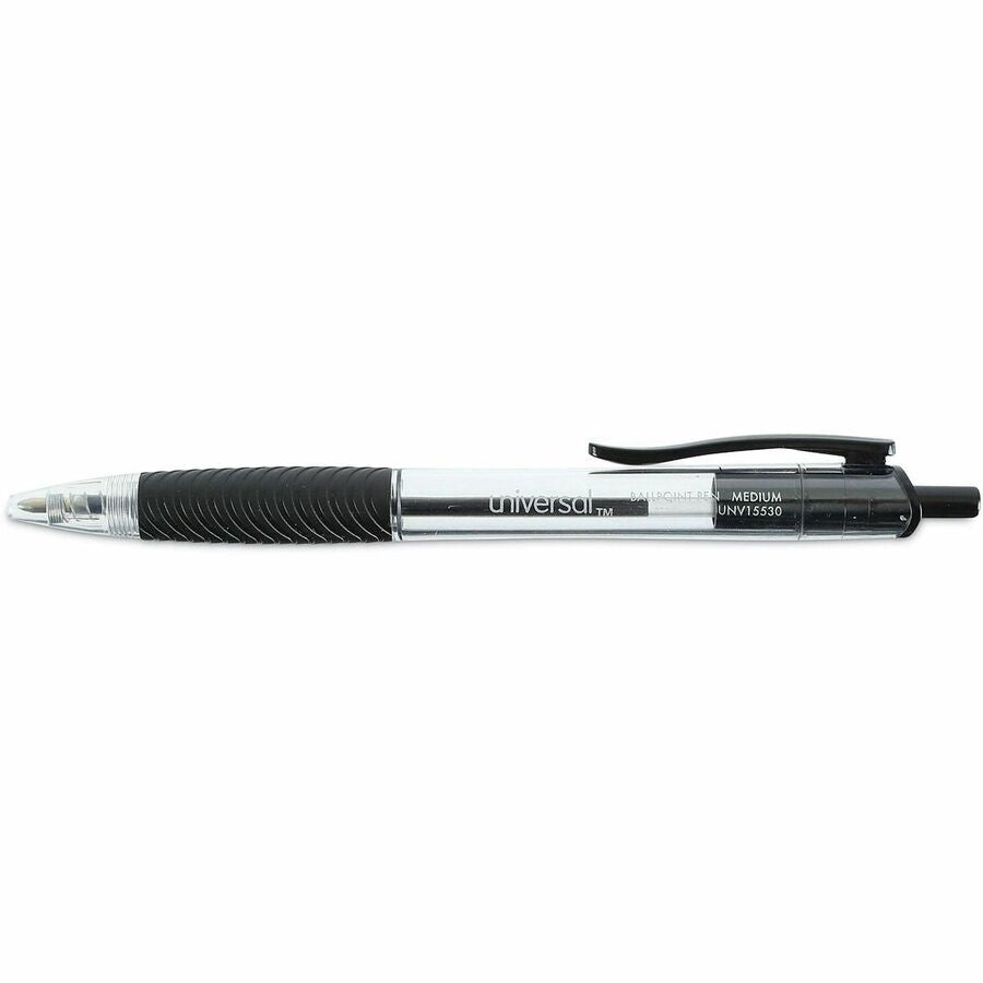 Universal Comfort Grip Ballpoint Pen - 1 mm Medium Conical Pen Point - Retractable - Black Ink - Clear, Black Barrel - 1 Dozen